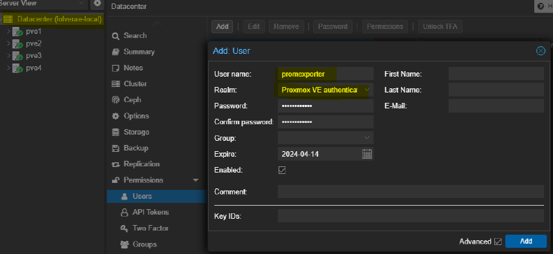 Creating the promexporter user